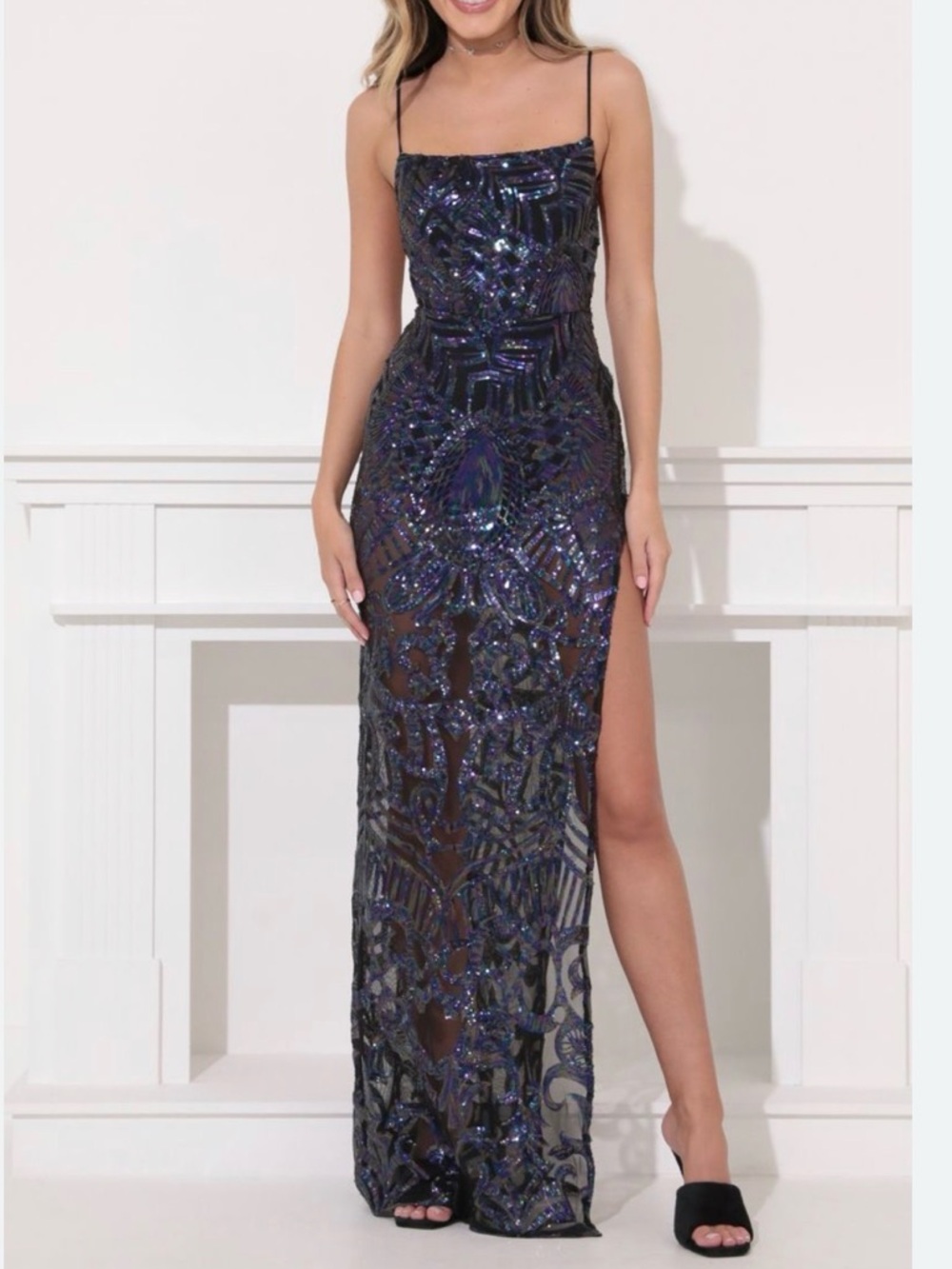 Lucy In‎ The Sky Black Purple Sequin Leg Slit Maxi Dress Formal Party Y2K Grunge